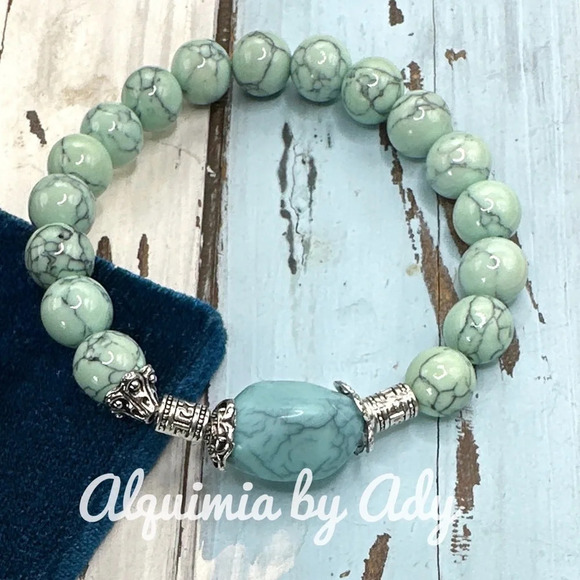 Turquoise blue crystal pearl silver statement beaded bracelet colorful handmade - Picture 1 of 6